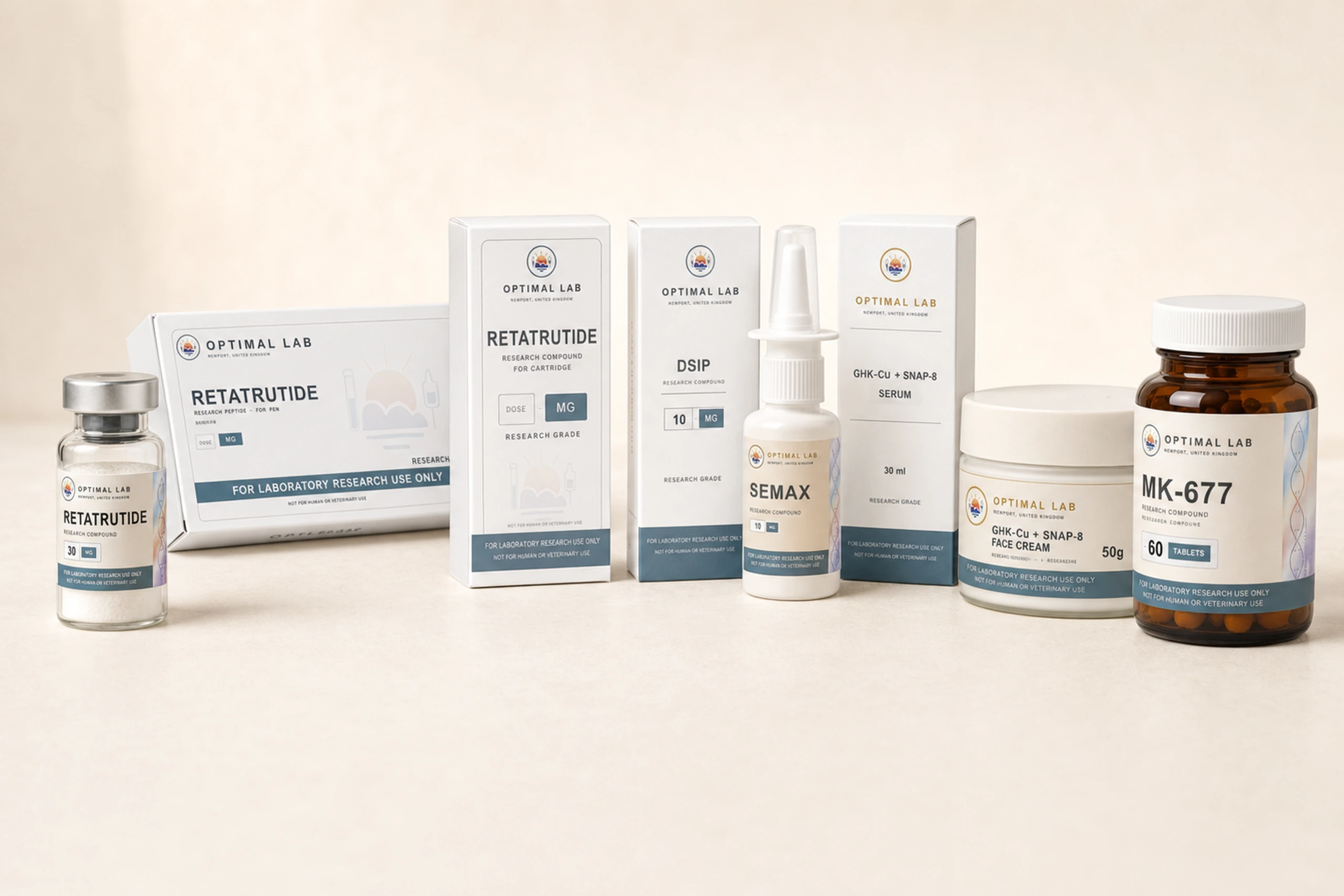 Optimal Lab research range — pen presentation boxes, compound vials, a peptide cream and a nasal spray arranged as a product lineup.