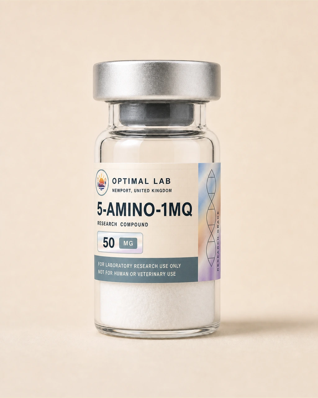 Amber-glass lyophilised vial of 5-Amino-1MQ with white flip-cap and Optimal Lab cream-stripe label
