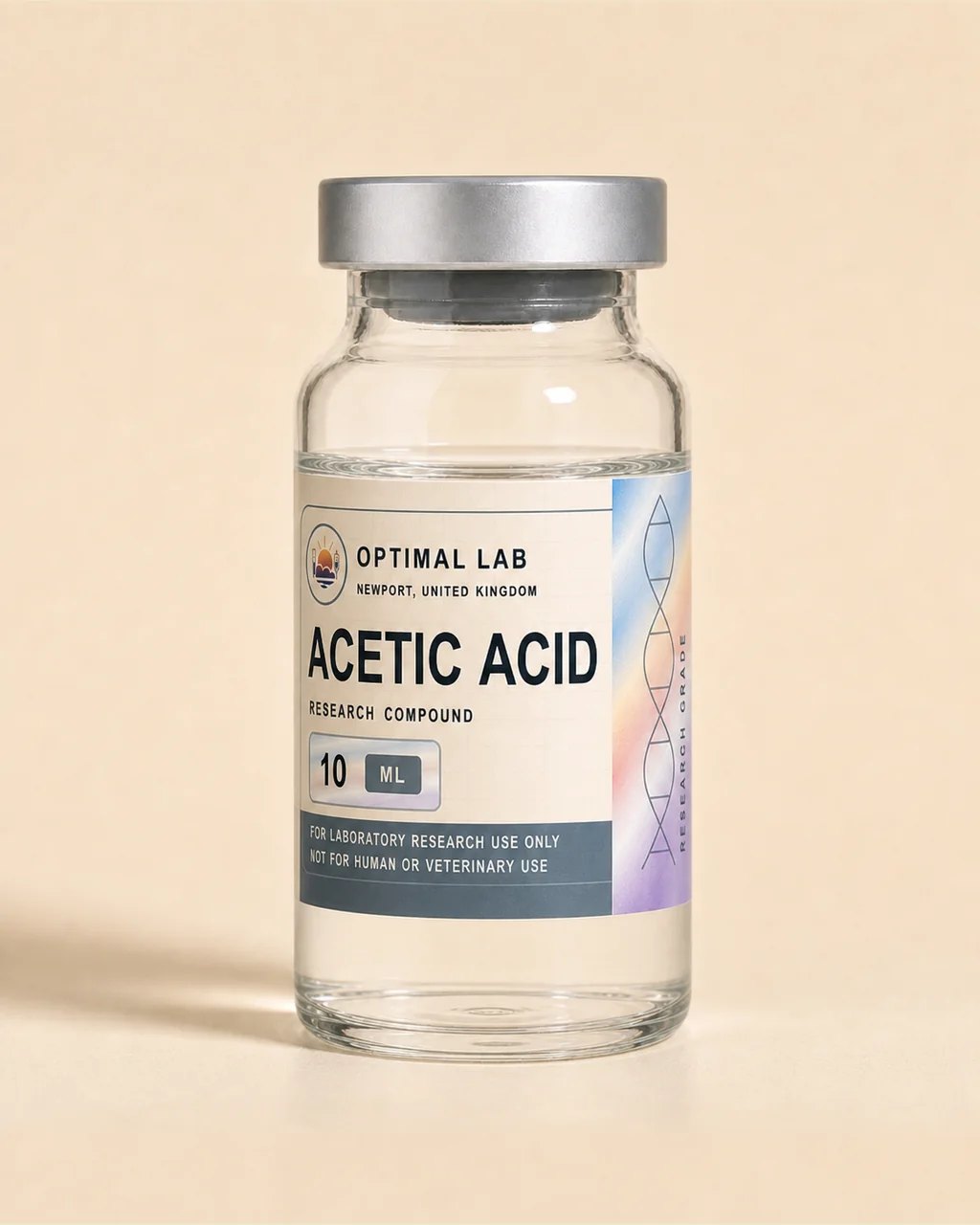 Amber-glass lyophilised vial of Acetic Acid 0.6% with white flip-cap and Optimal Lab cream-stripe label