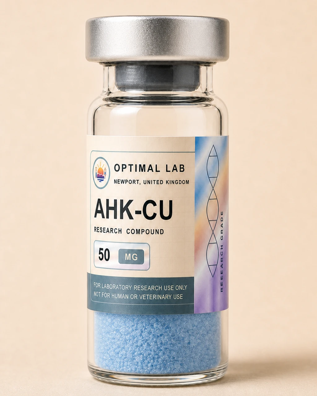 Amber-glass lyophilised vial of AHK-Cu with white flip-cap and Optimal Lab cream-stripe label