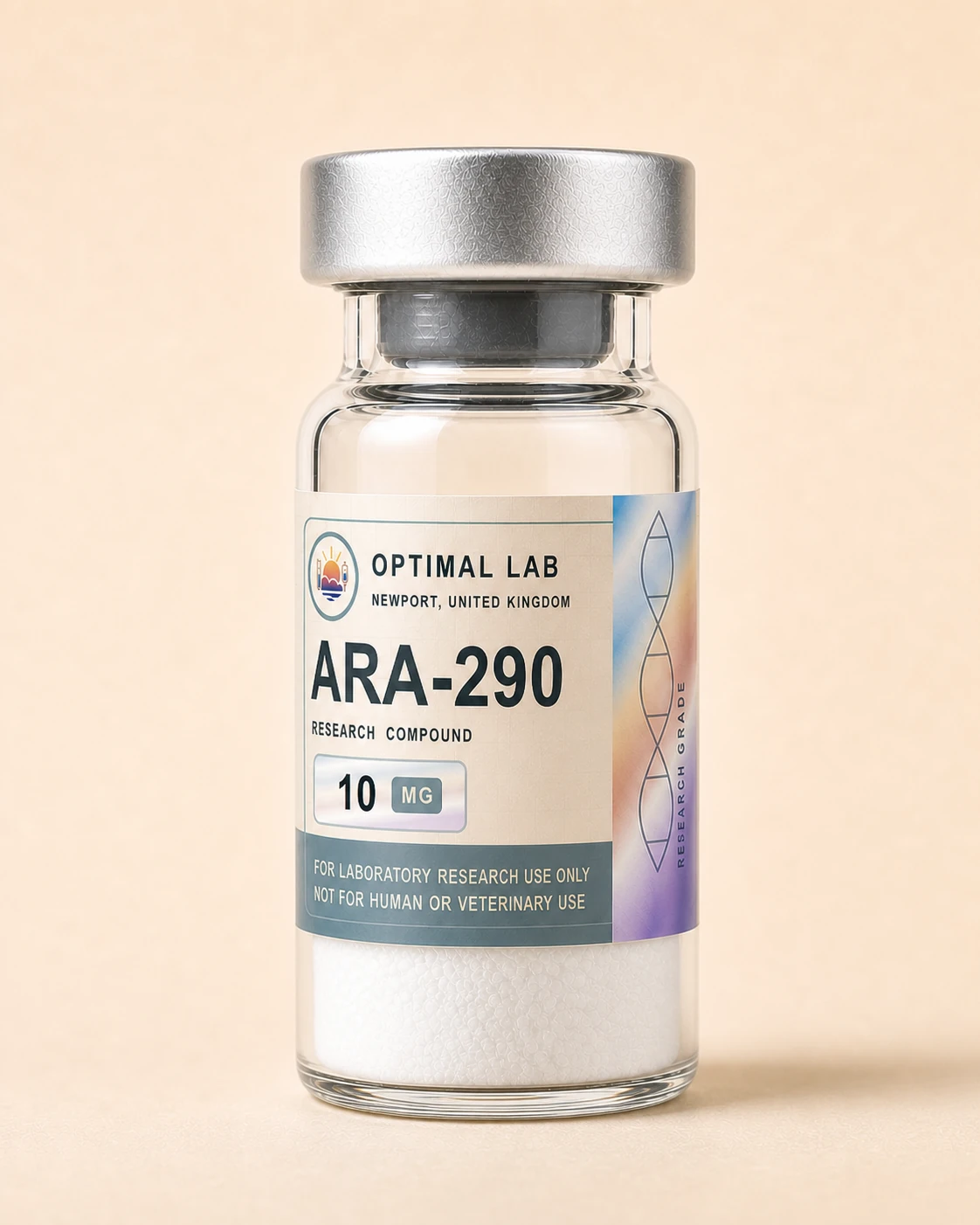 Amber-glass lyophilised vial of ARA-290 with white flip-cap and Optimal Lab cream-stripe label