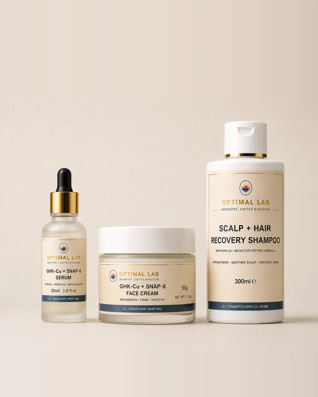 GHK-Cu Trio bundle — Optimal Lab shampoo bottle, essence serum dropper and face cream jar photographed together