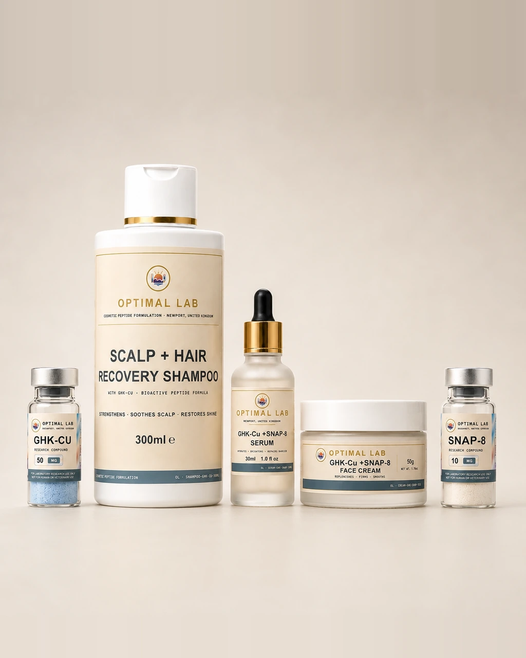 GHK + SNAP Essentials Pack — Optimal Lab shampoo, serum and cream alongside GHK-Cu and SNAP-8 vials, photographed together