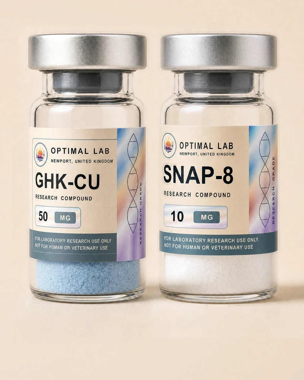 GHK + SNAP Vial Pair — Optimal Lab GHK-Cu 50mg and SNAP-8 10mg amber-glass vials photographed together