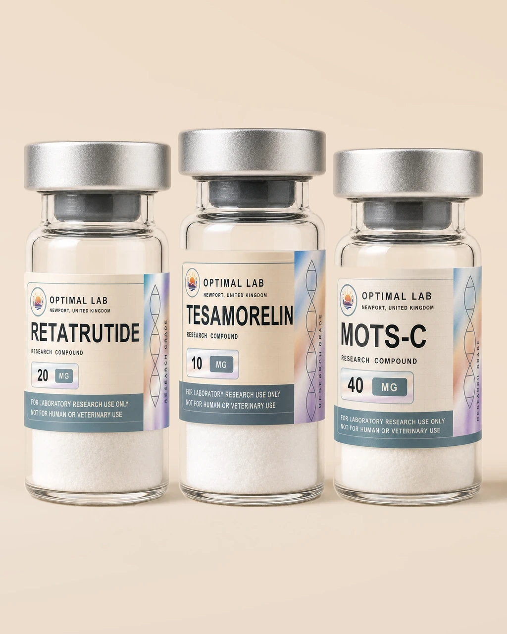 Retatrutide, Tesamorelin and MOTS-C bundle — three Optimal Lab amber-glass vials photographed together