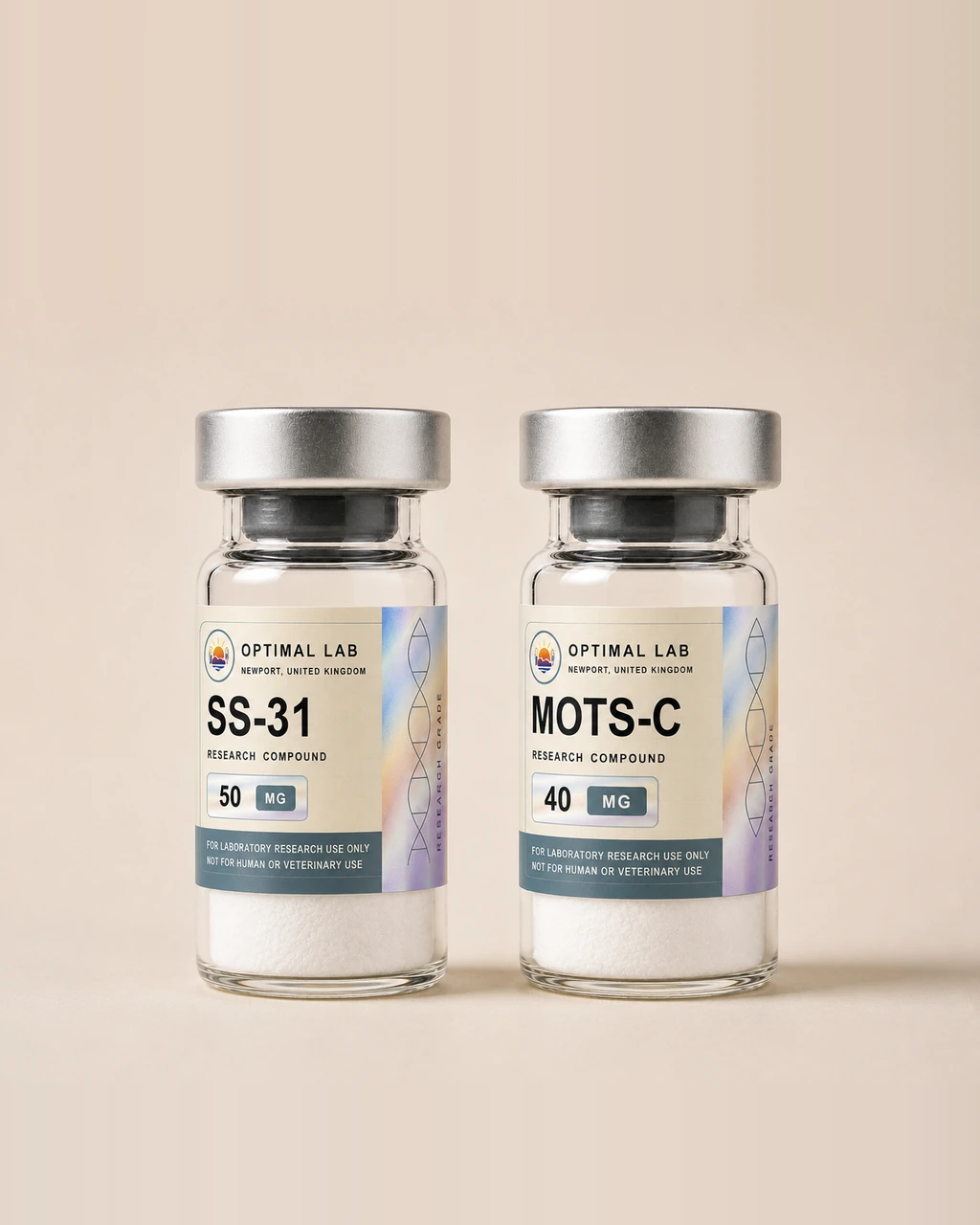 SS-31 and MOTS-C bundle — two Optimal Lab amber-glass vials photographed together