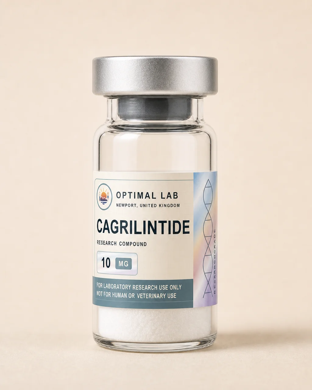 Amber-glass lyophilised vial of Cagrilintide with white flip-cap and Optimal Lab cream-stripe label