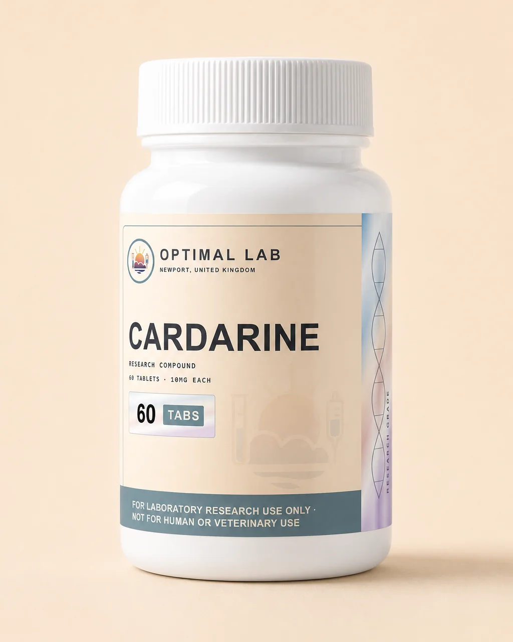 Amber-glass tablet bottle of Cardarine (GW501516), 60 × 10mg oral research tablets, with Optimal Lab cream-stripe label