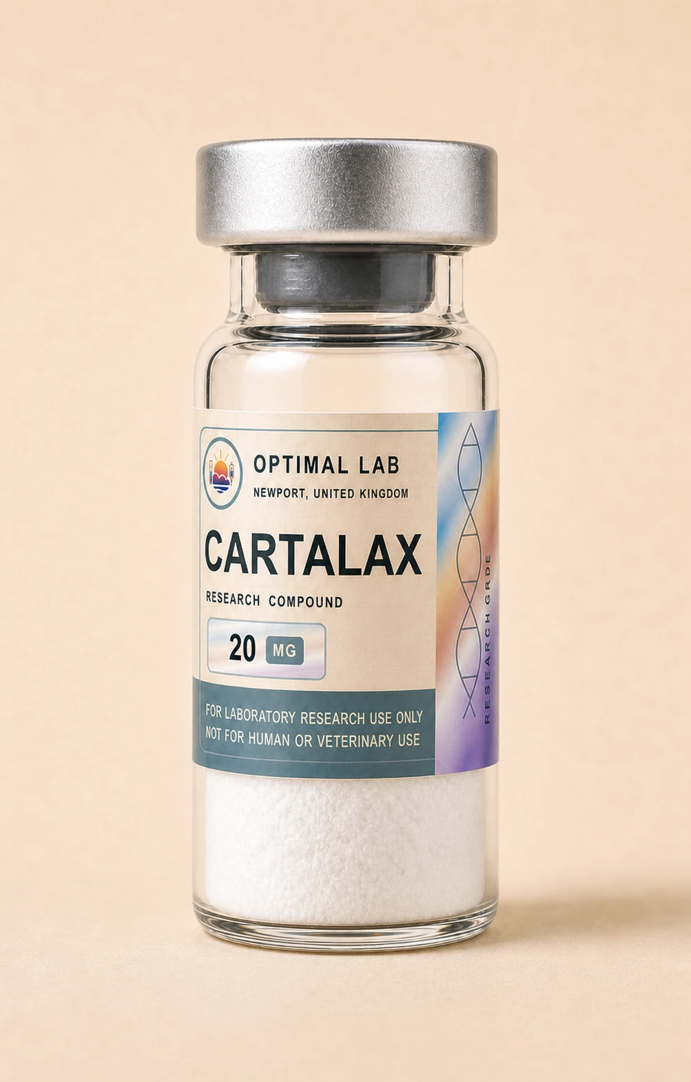 Amber-glass lyophilised vial of Cartalax with white flip-cap and Optimal Lab cream-stripe label
