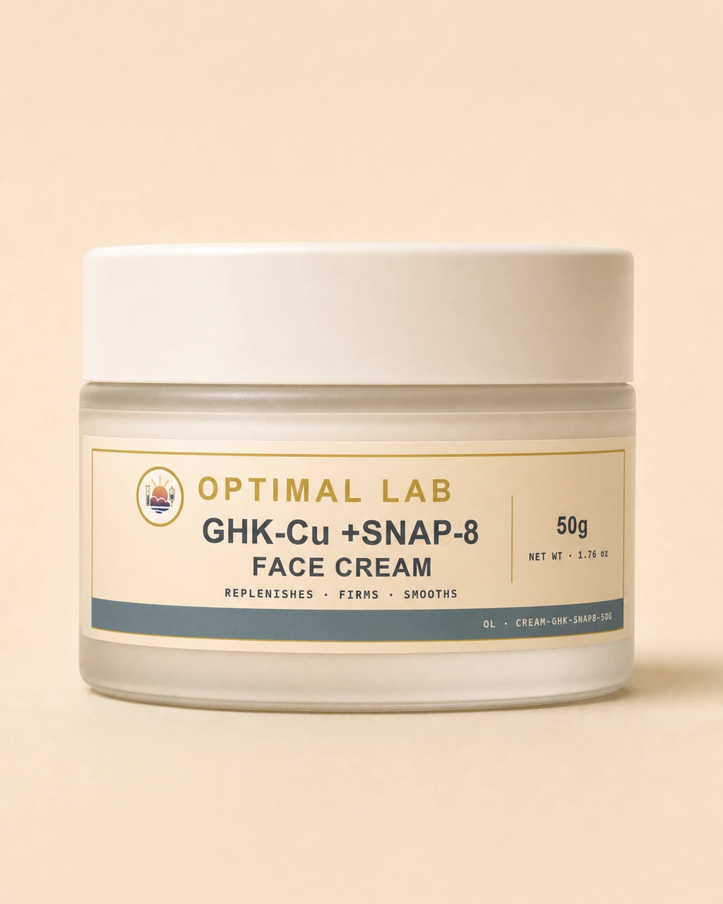 Frosted-glass cream jar of GHK-Cu + SNAP-8 topical face cream, 50g, with screw lid and Optimal Lab cream-stripe label