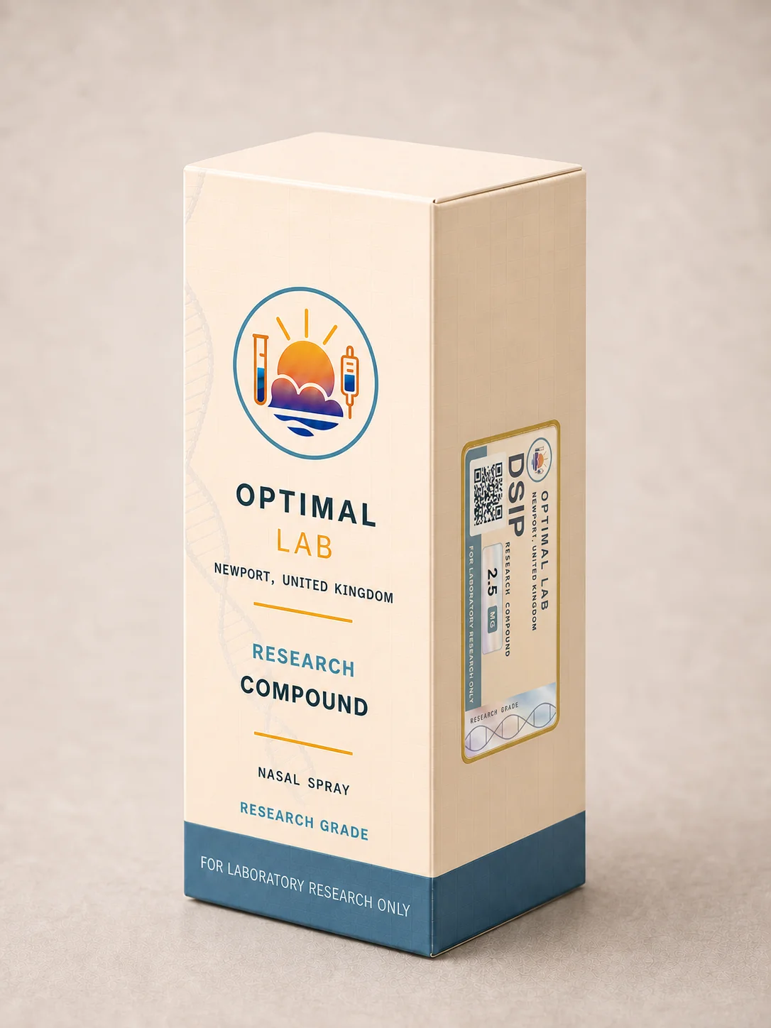 Cream nasal spray carton of DSIP, 2.5mg sample, with Optimal Lab portrait label