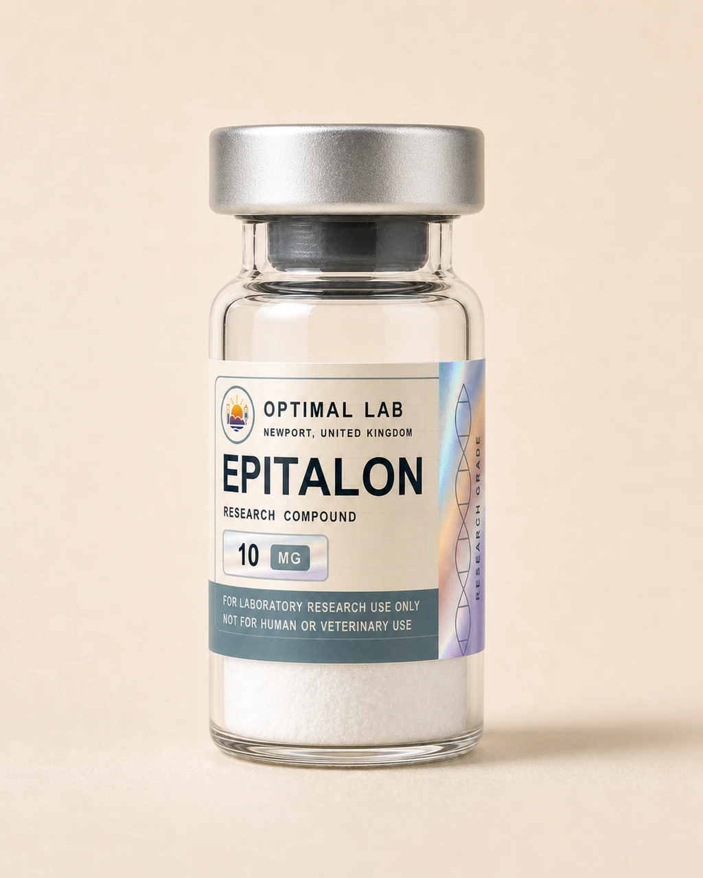 Amber-glass lyophilised vial of Epitalon with white flip-cap and Optimal Lab cream-stripe label