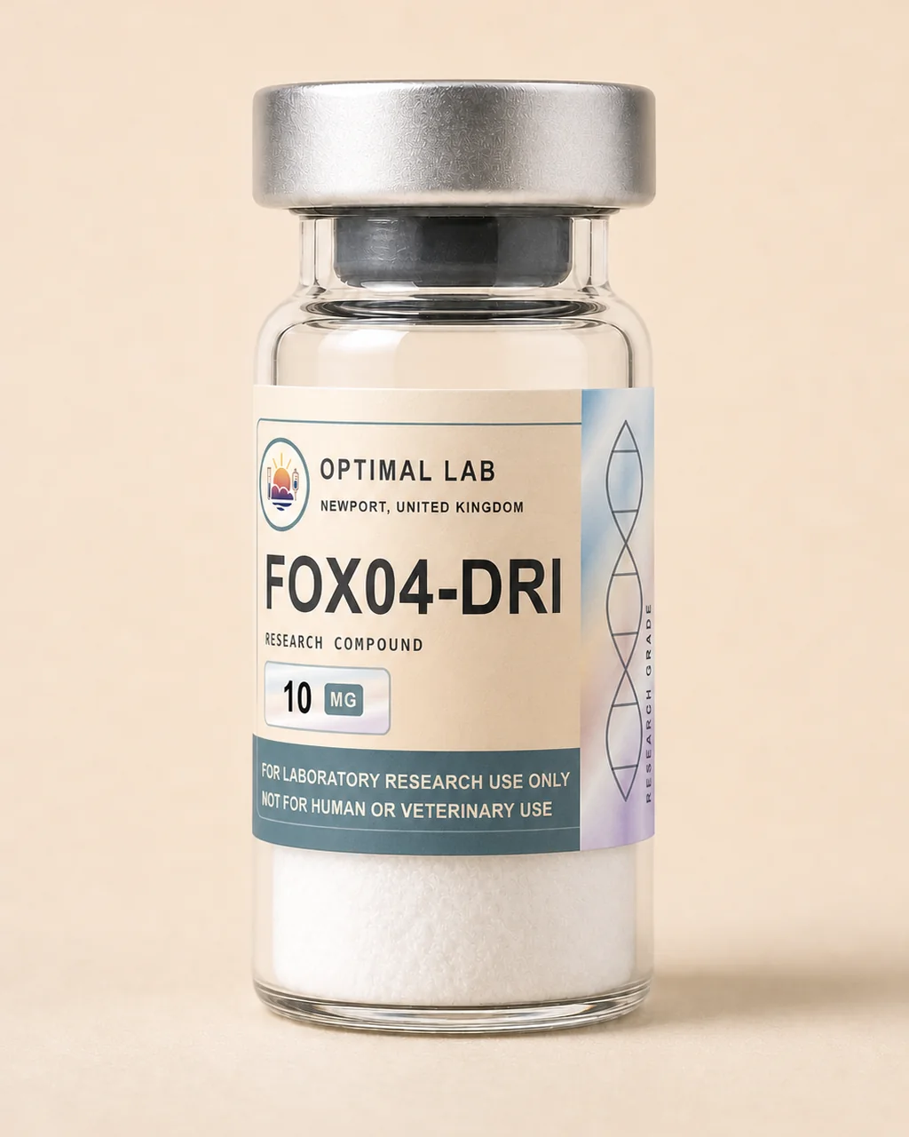 Amber-glass lyophilised vial of FOX04-DRI with white flip-cap and Optimal Lab cream-stripe label