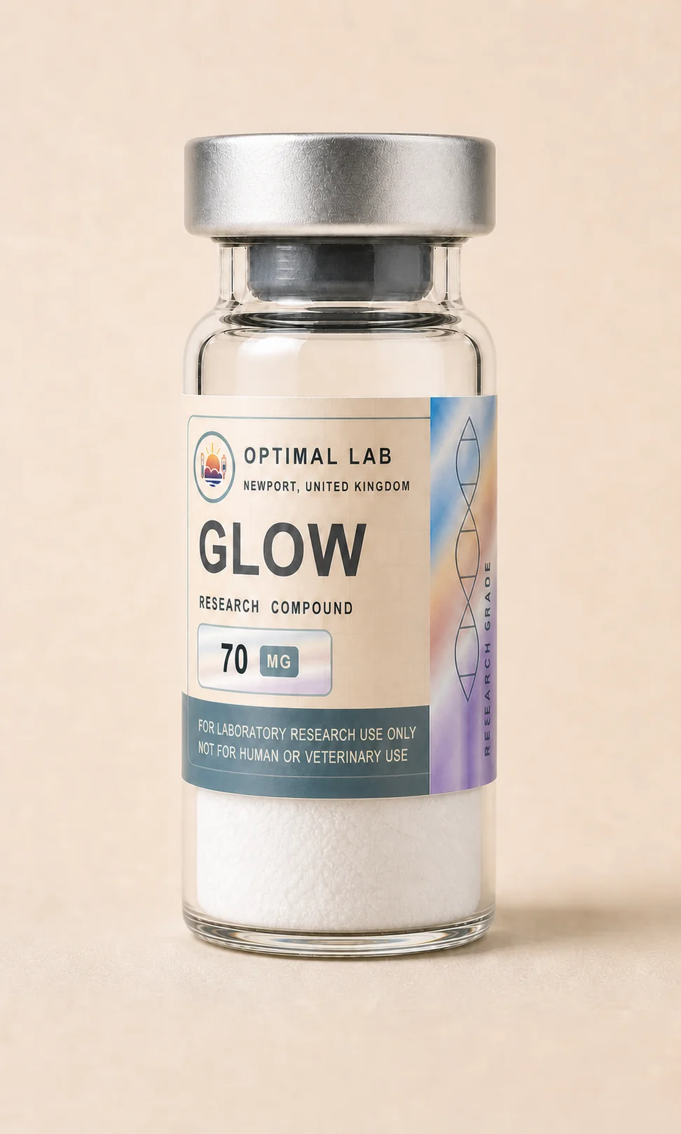 Amber-glass lyophilised vial of GLOW with white flip-cap and Optimal Lab cream-stripe label