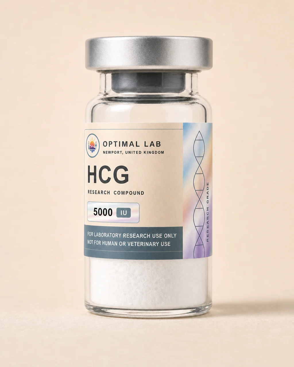 Optimal Lab HCG research-compound vial with cream Holo label