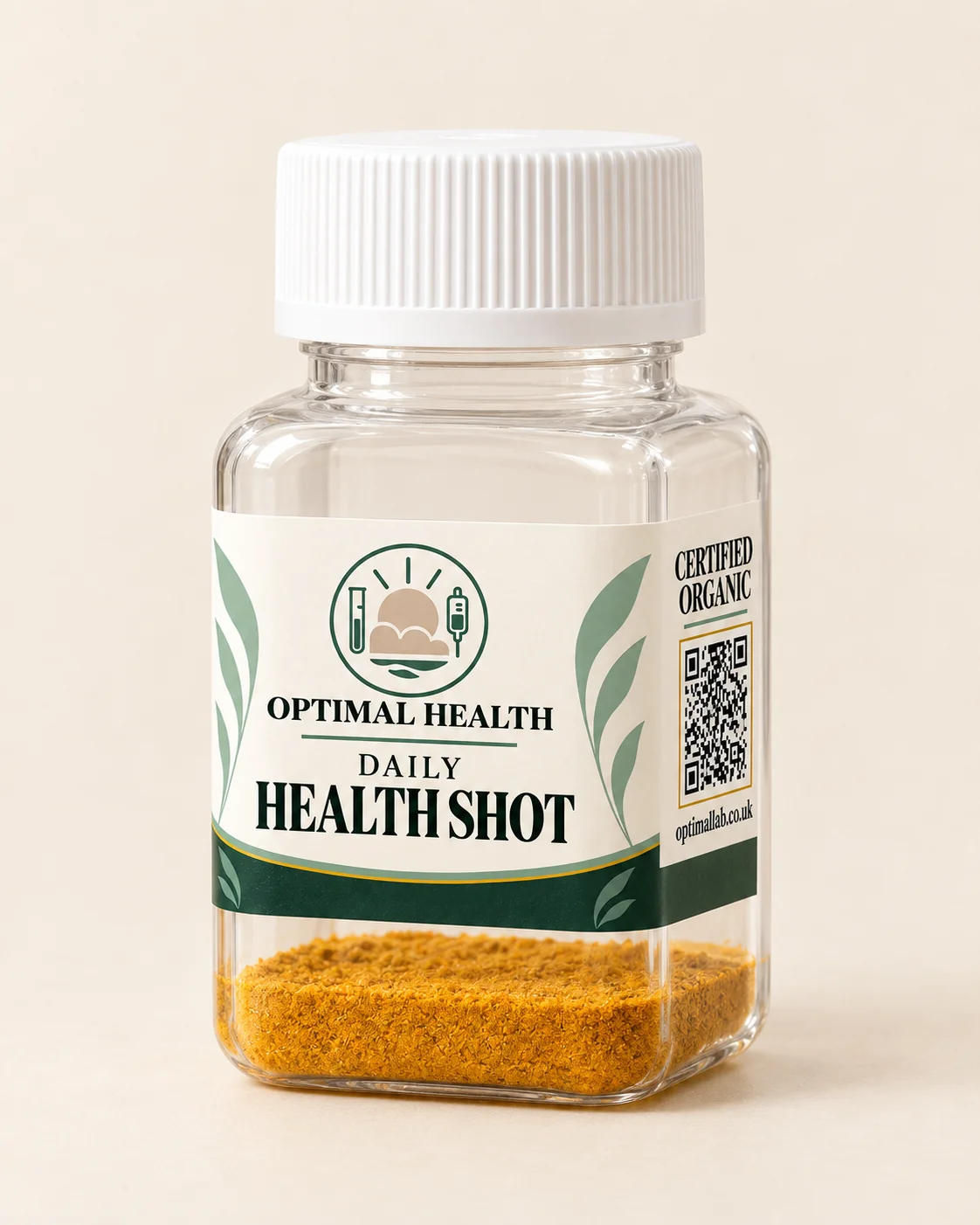 Optimal Health shot bottle, front and back