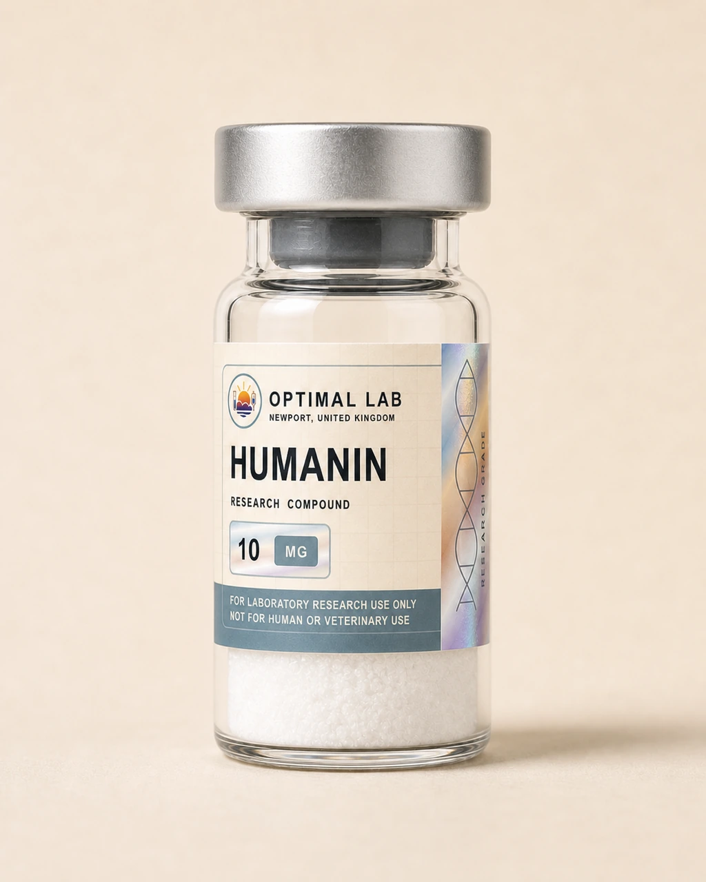 Amber-glass lyophilised vial of Humanin with white flip-cap and Optimal Lab cream-stripe label