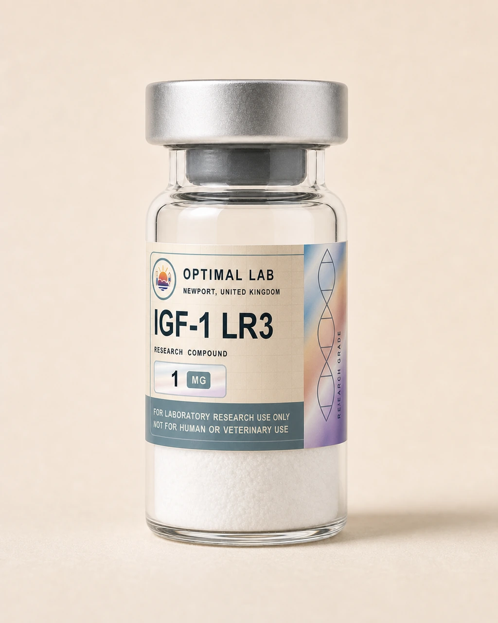Amber-glass lyophilised vial of IGF-1 LR3 with white flip-cap and Optimal Lab cream-stripe label