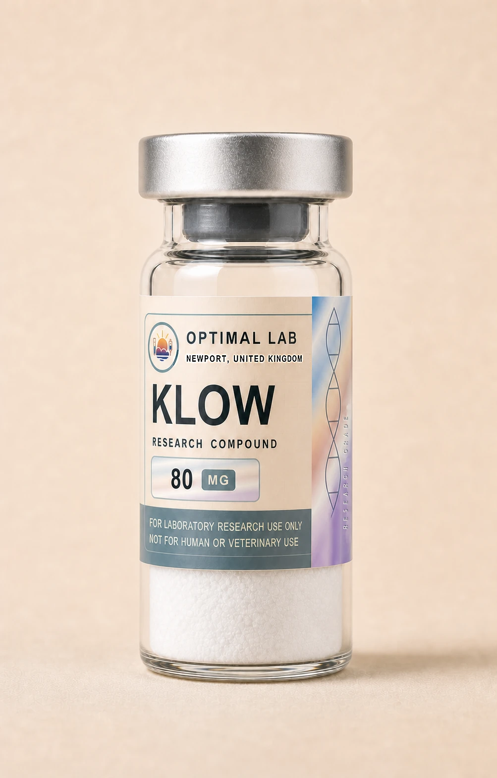 Amber-glass lyophilised vial of KLOW with white flip-cap and Optimal Lab cream-stripe label
