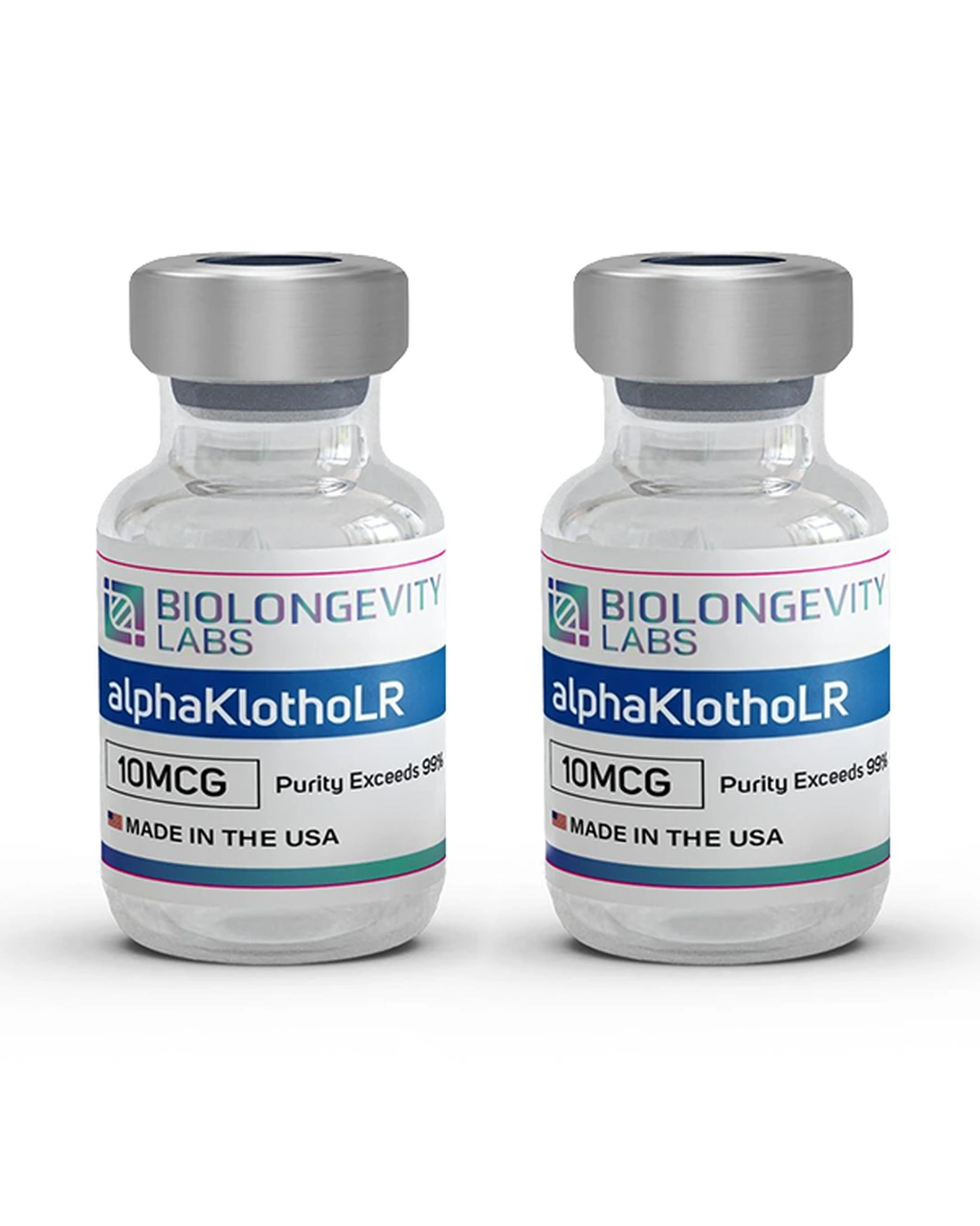Supplier-labelled BioLongevity Labs alphaKlothoLR vial pair. 20mcg option supplied as 2 x 10mcg vials.