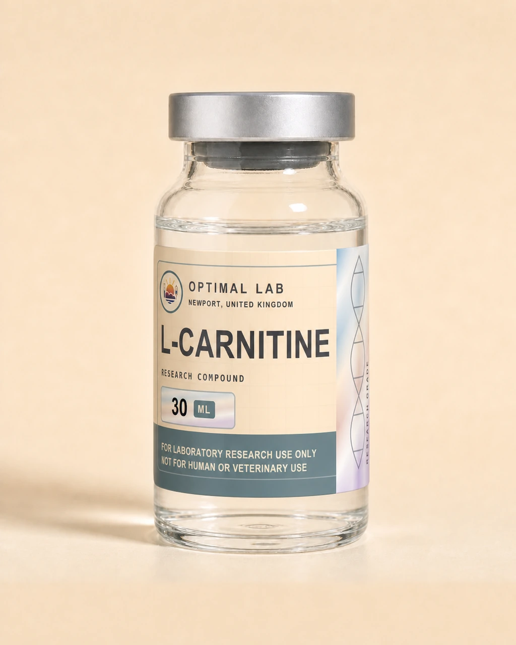Amber-glass lyophilised vial of L-Carnitine with white flip-cap and Optimal Lab cream-stripe label