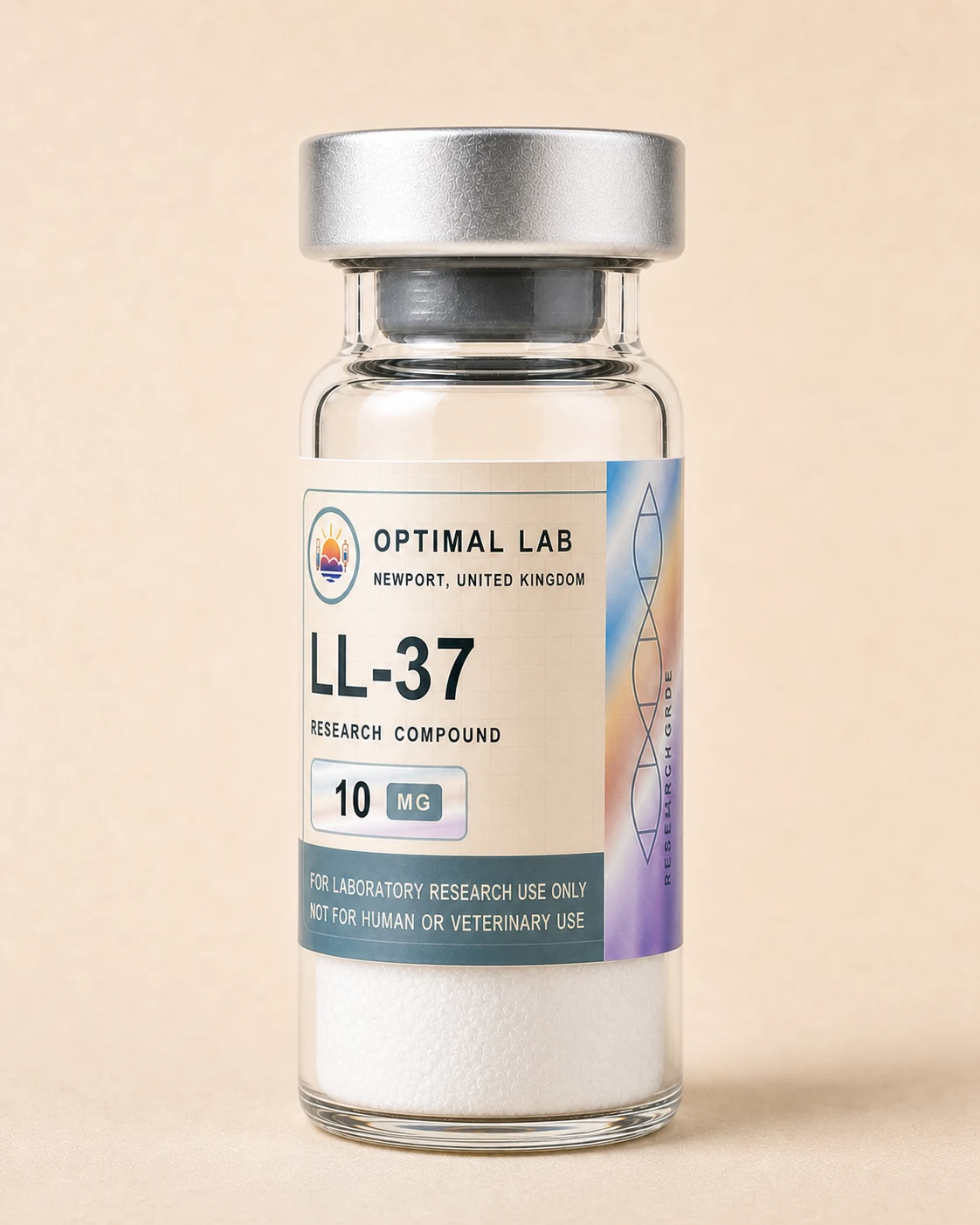 Amber-glass lyophilised vial of LL-37 with white flip-cap and Optimal Lab cream-stripe label