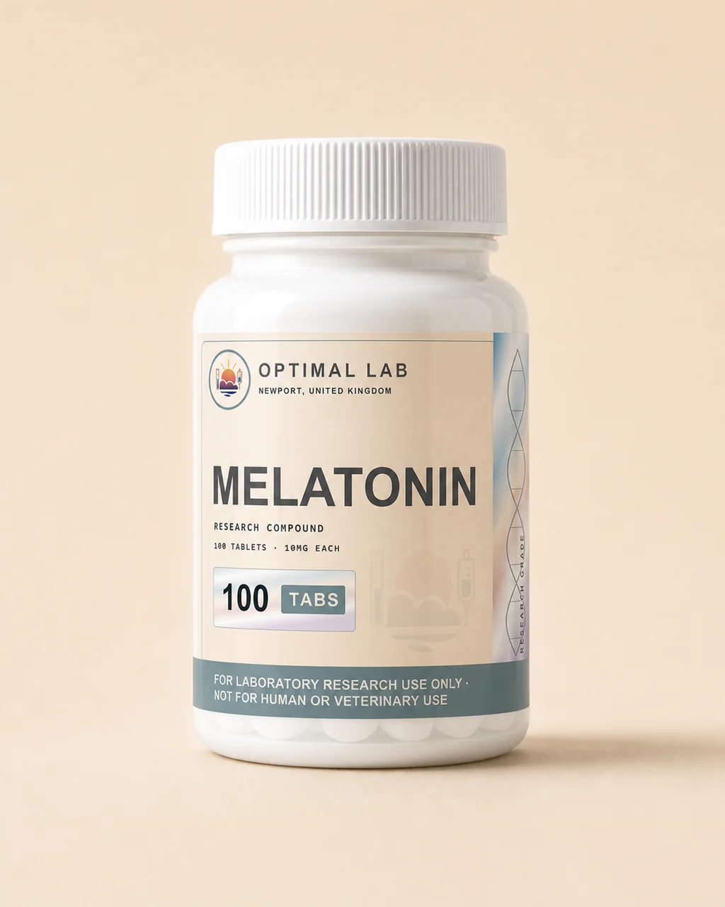 Amber-glass tablet bottle of Melatonin, 100 × 10mg oral research tablets, with Optimal Lab cream-stripe label
