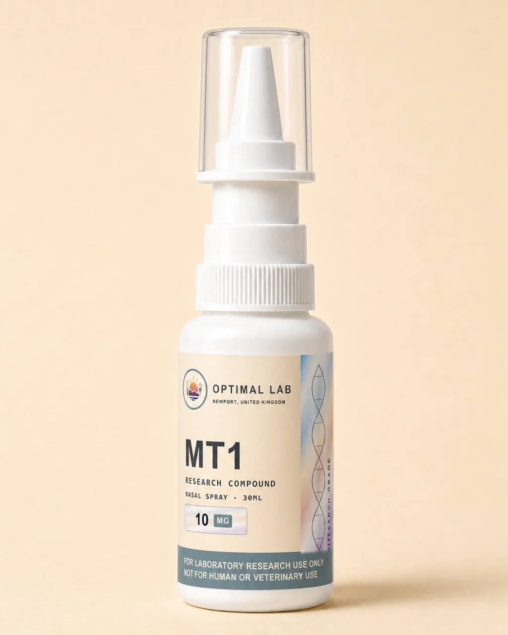 Amber-glass nasal spray bottle of MT1 (Melanotan-1), 10mg, with white pump-mist applicator and Optimal Lab cream-stripe label