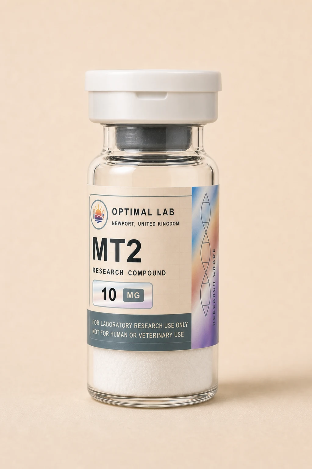Amber-glass lyophilised vial of Melanotan-2 (MT2) with white flip-cap and Optimal Lab cream-stripe label