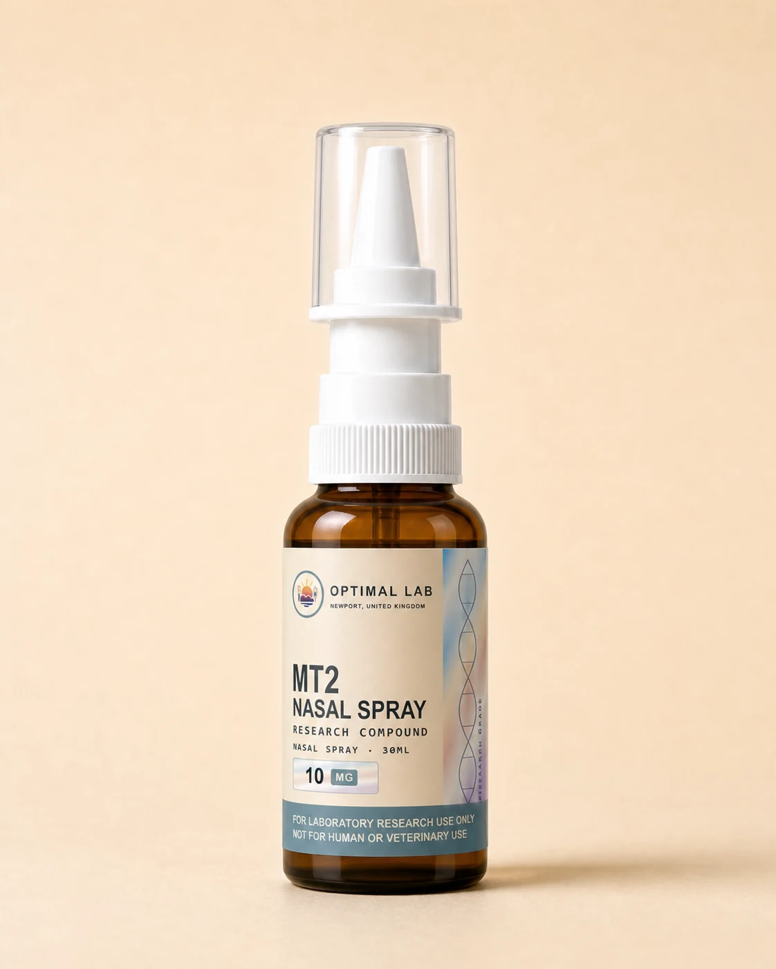 Amber-glass nasal spray bottle of MT2 (Melanotan-2), 10mg, with white pump-mist applicator and Optimal Lab cream-stripe label