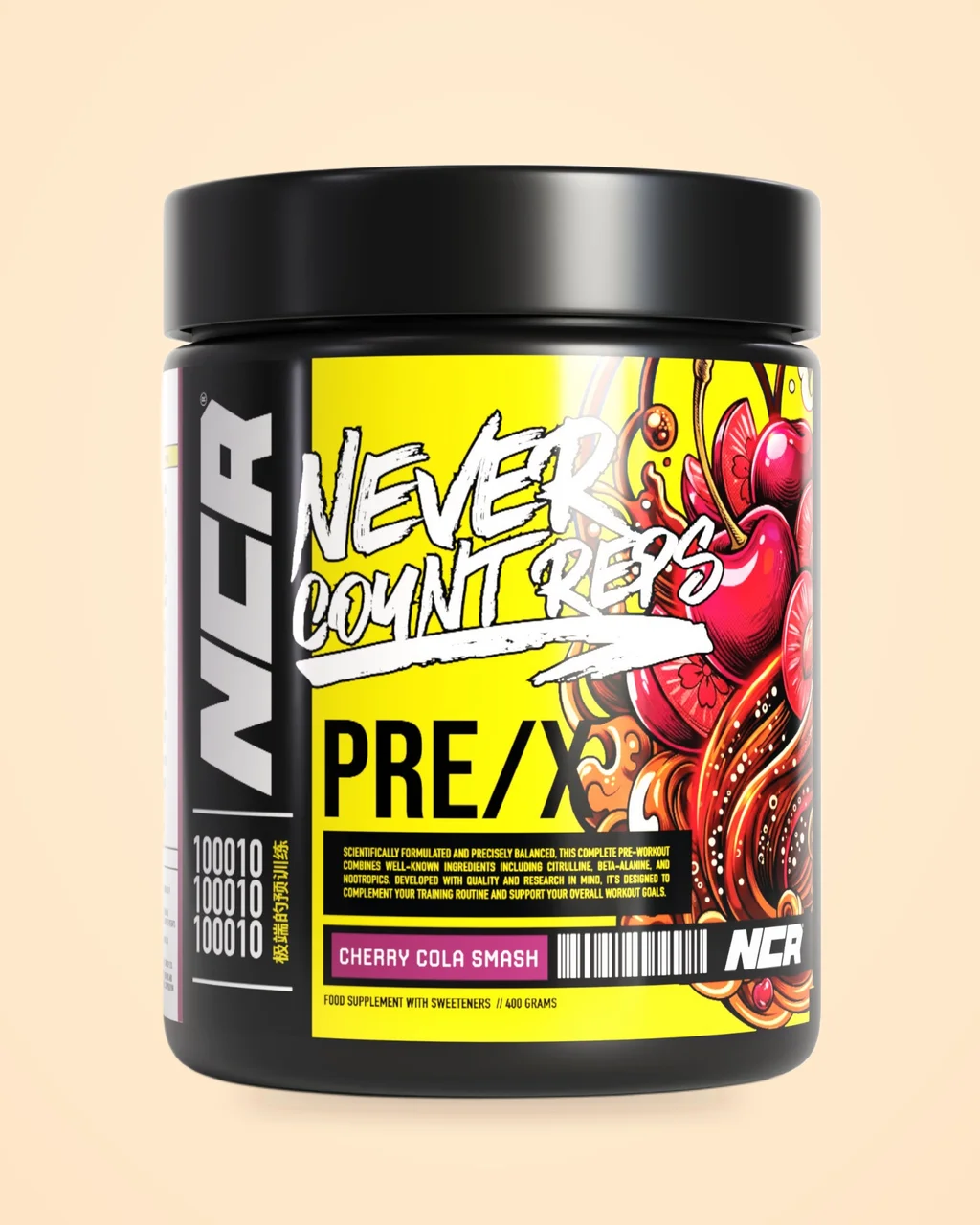 Never Count Reps PRE/X pre-workout tub, Cherry Cola Smash flavour, 400g
