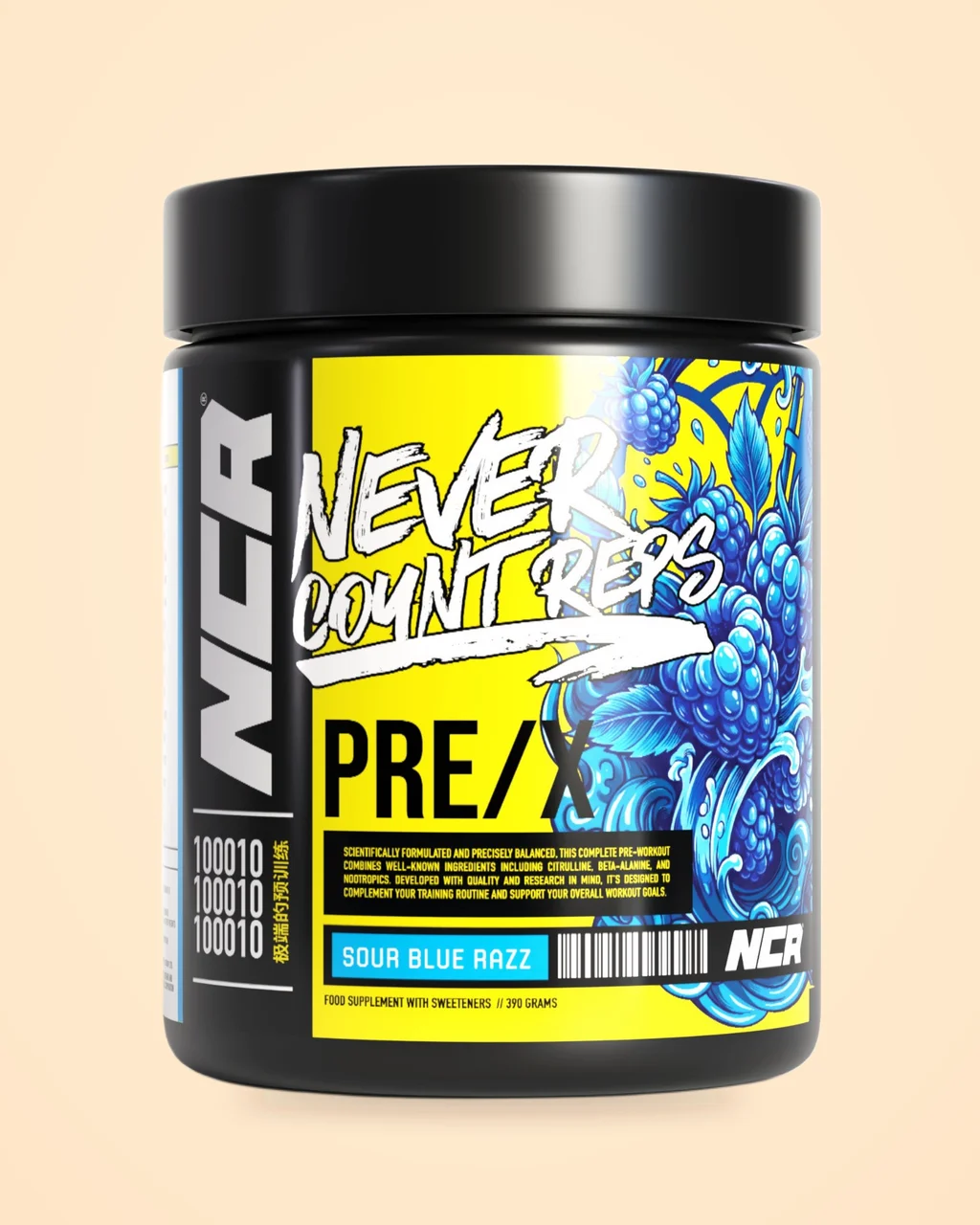 Never Count Reps PRE/X pre-workout tub, Sour Blue Razz flavour, 390g