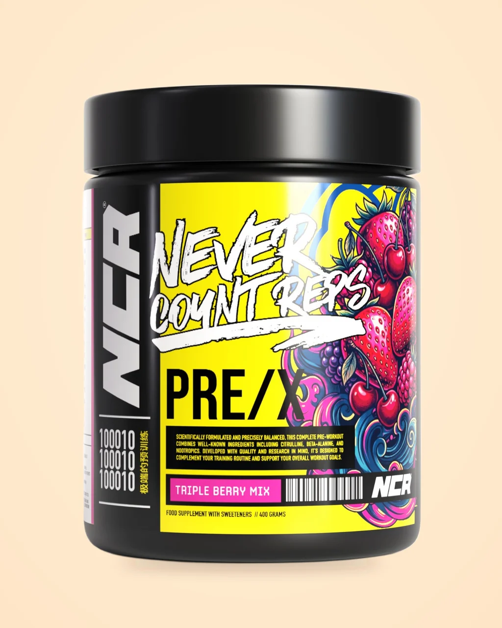 Never Count Reps PRE/X pre-workout tub, Triple Berry Mix flavour, 400g