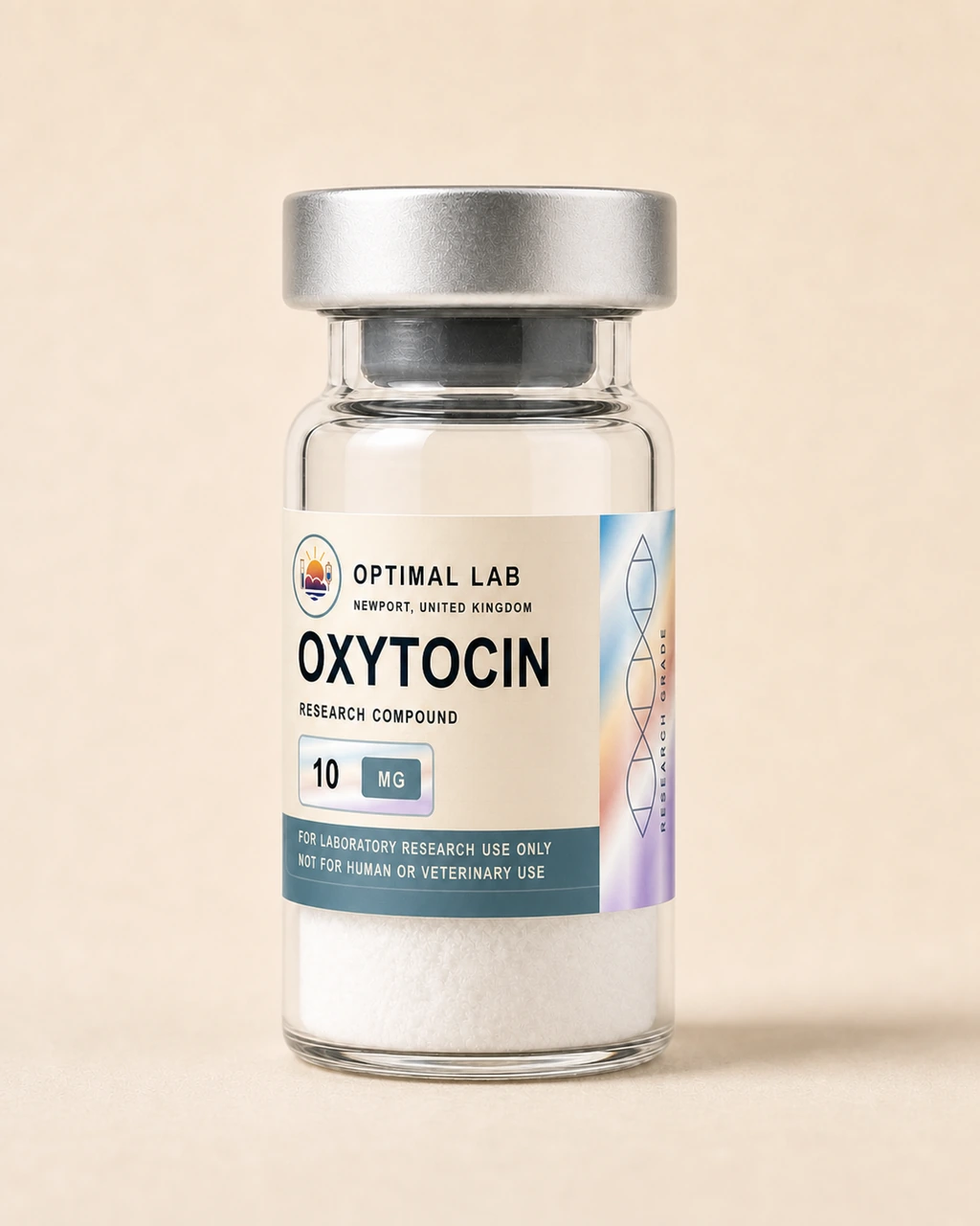 Amber-glass lyophilised vial of Oxytocin with white flip-cap and Optimal Lab cream-stripe label