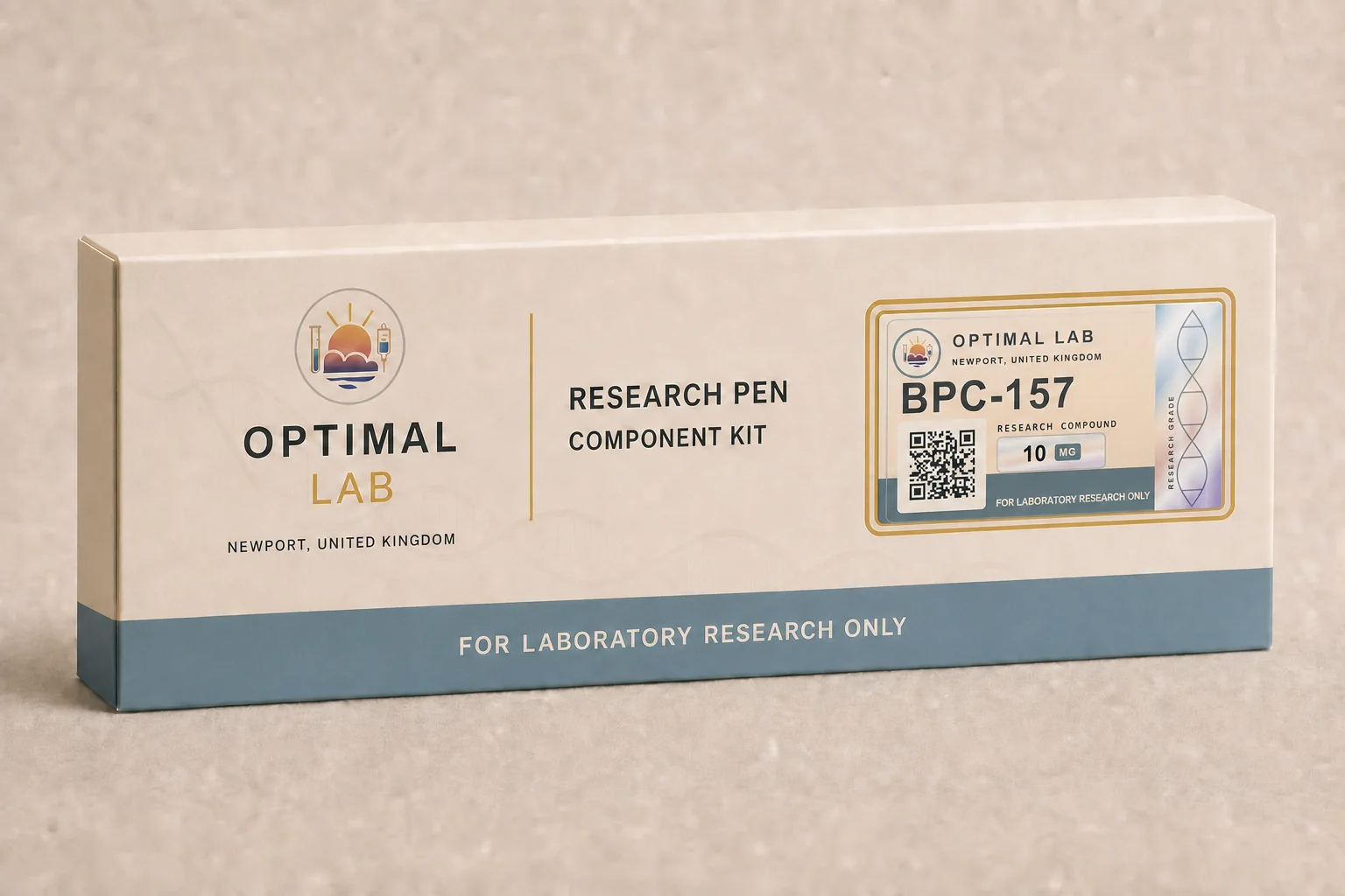 Optimal Lab 3ml research cartridge loaded with BPC-157, in its case