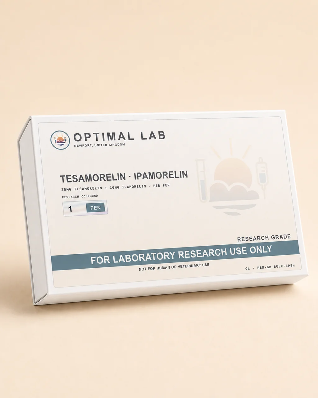 Refillable injection pen pre-filled with a Tesamorelin and Ipamorelin cartridge, with adjustable dosing dial and Optimal Lab cream-stripe label