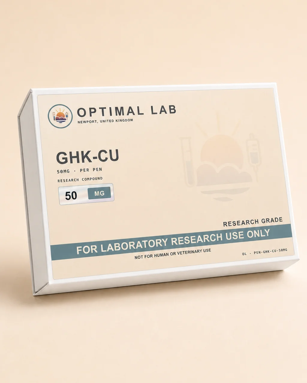 Refillable injection pen pre-filled with a 50mg GHK-Cu cartridge, with adjustable dosing dial and Optimal Lab cream-stripe label