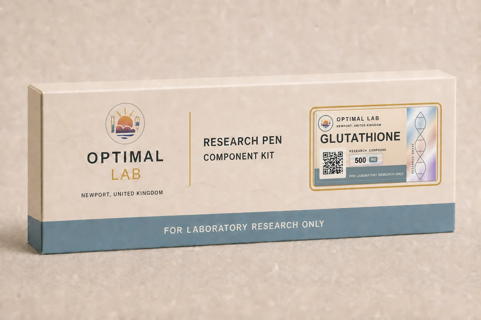 Optimal Lab 3ml research cartridge loaded with Glutathione, in its case