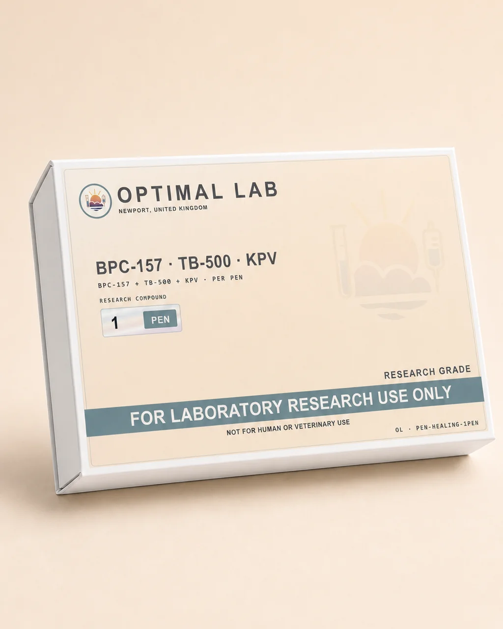 Refillable injection pen pre-filled with a BPC-157, TB-500 and KPV tri-blend cartridge, with adjustable dosing dial and Optimal Lab cream-stripe label