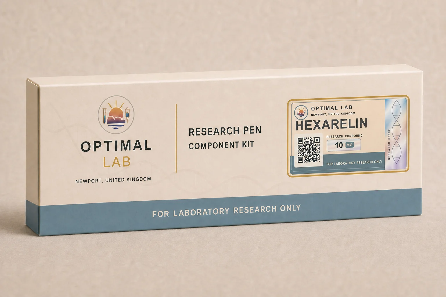 Optimal Lab 3ml research cartridge loaded with Hexarelin, in its case