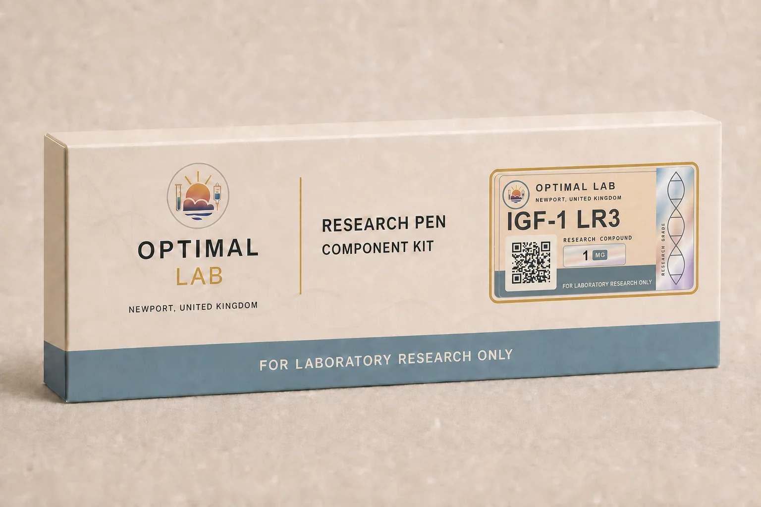 Optimal Lab 3ml research cartridge loaded with IGF-1 LR3, in its case