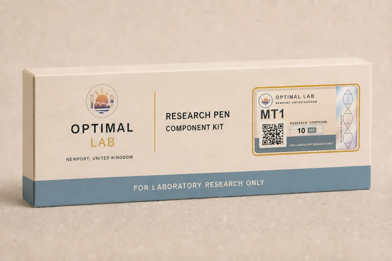 Optimal Lab 3ml research cartridge loaded with Melanotan-1 (MT1), in its case