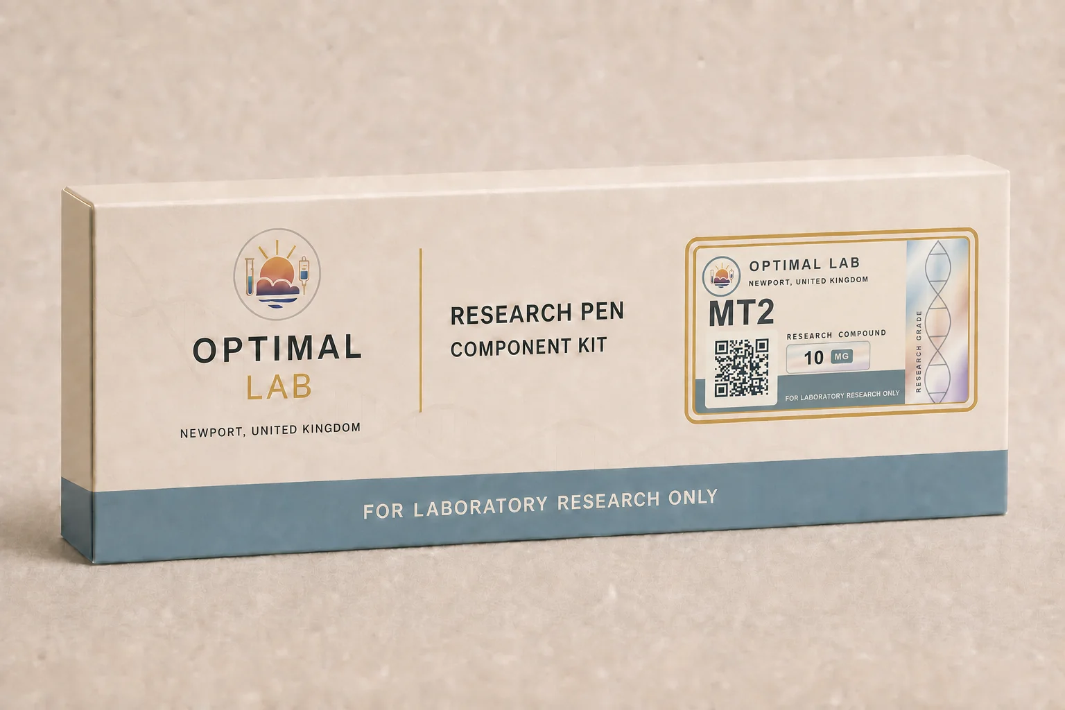 Optimal Lab 3ml research cartridge loaded with Melanotan-2 (MT2), in its case