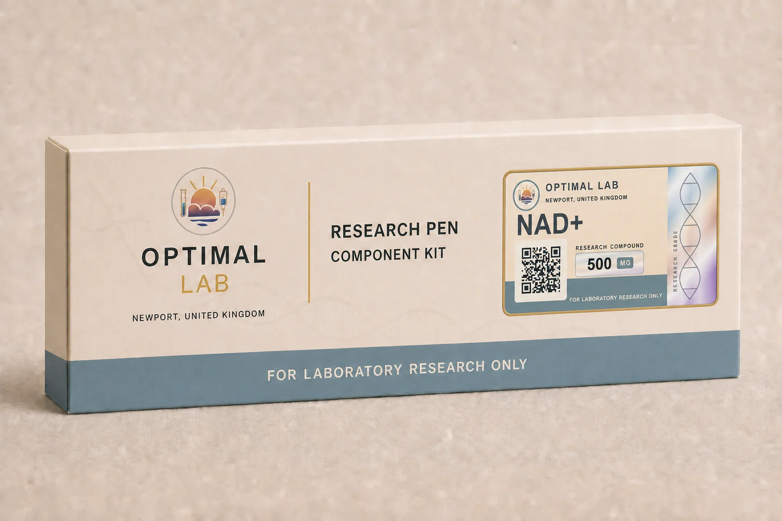 Optimal Lab 3ml research cartridge loaded with NAD+, in its case