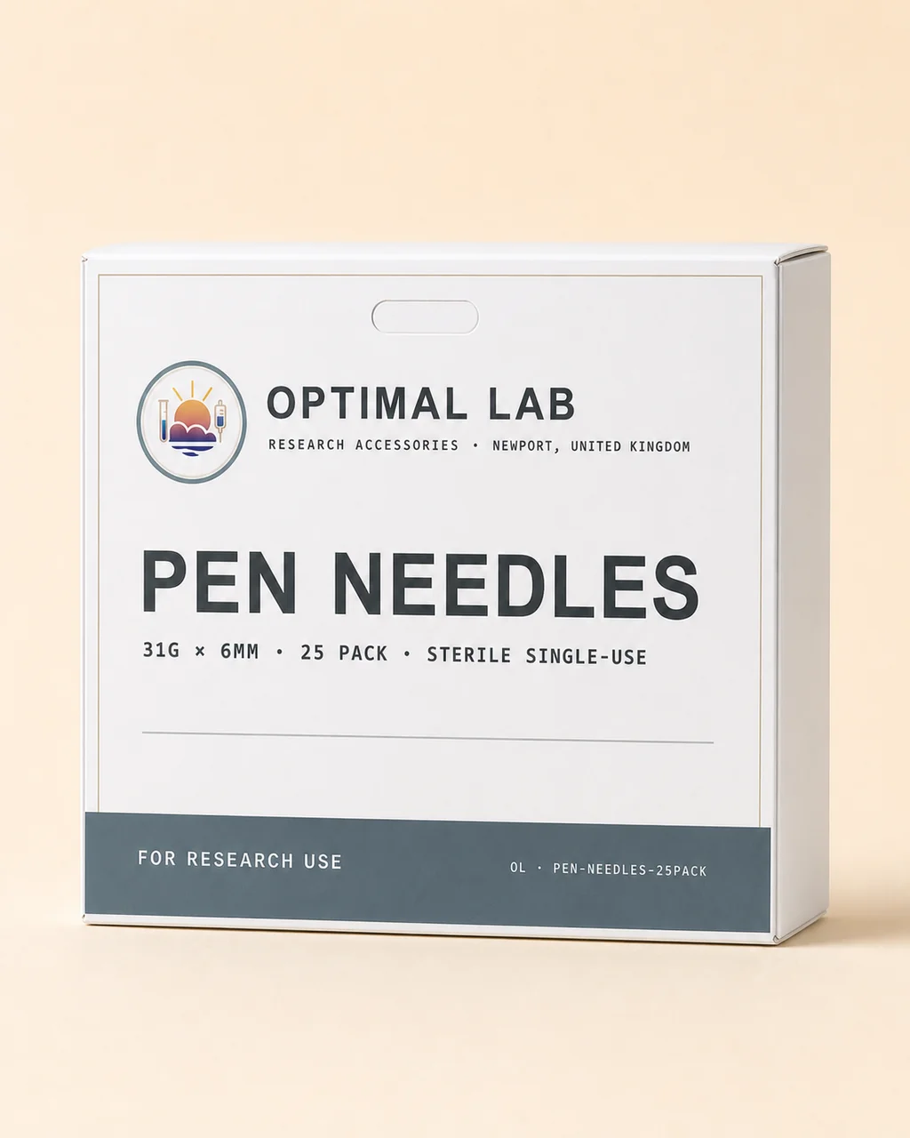 Optimal Lab box of 25 sterile single-use 31G x 6mm pen needles with no holographic strip