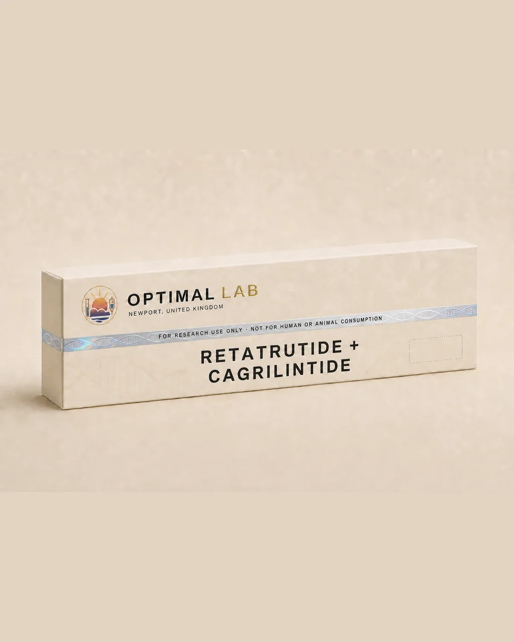 Warm cream Optimal Lab research pen sleeve case labelled Retatrutide and Cagrilintide