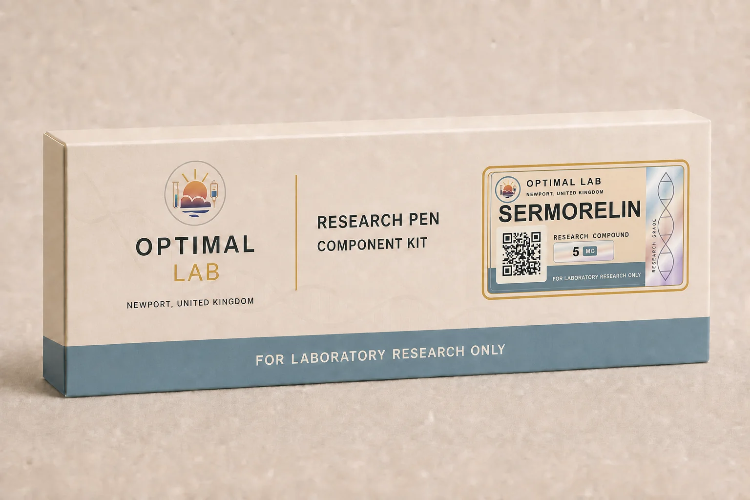 Optimal Lab 3ml research cartridge loaded with Sermorelin, in its case