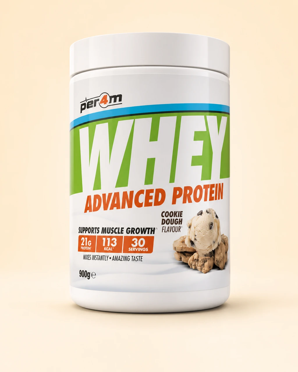 PER4M WHEY Advanced Protein tub, Cookie Dough flavour, 900g