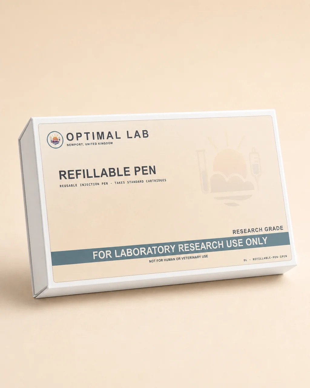 Optimal Lab refillable pen box on a warm beige product photography background