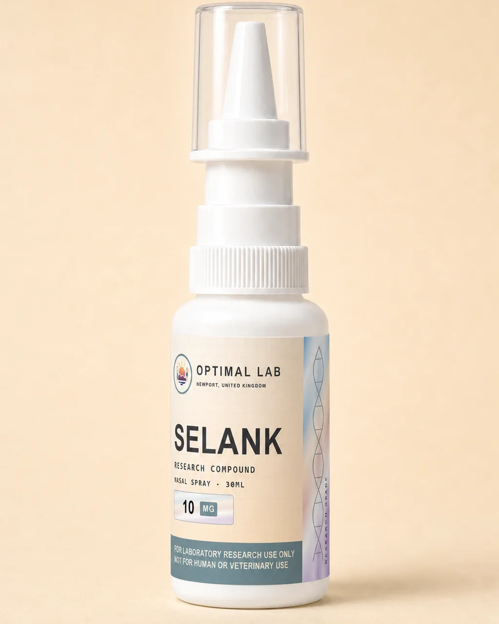 Amber-glass nasal spray bottle of Selank, 10mg, with white pump-mist applicator and Optimal Lab cream-stripe label